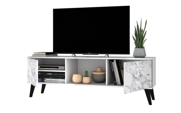 Manhattan Comfort Doyers 53.15 Mid-Century Modern TV Stand in White and Marble Stamp