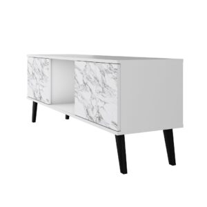 Manhattan Comfort Doyers 53.15 Mid-Century Modern TV Stand in White and Marble Stamp