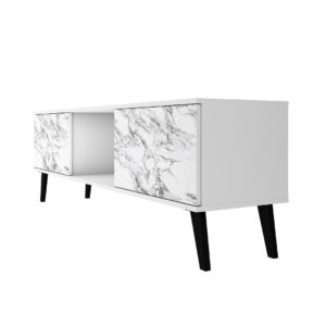 Manhattan Comfort Doyers 62.20 Mid-Century Modern TV Stand in White and Marble Stamp