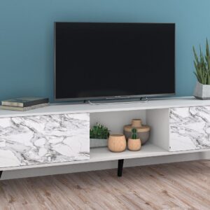 Manhattan Comfort Doyers 70.87 Mid-Century Modern TV Stand in White and Marble Stamp