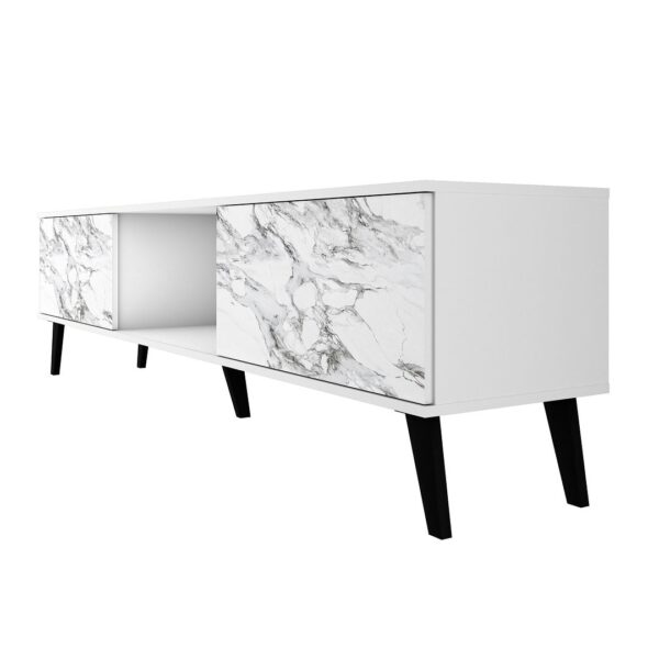 Manhattan Comfort Doyers 70.87 Mid-Century Modern TV Stand in White and Marble Stamp