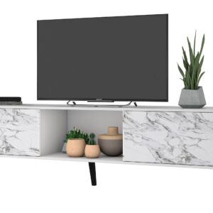 Manhattan Comfort Doyers 70.87 Mid-Century Modern TV Stand in White and Marble Stamp