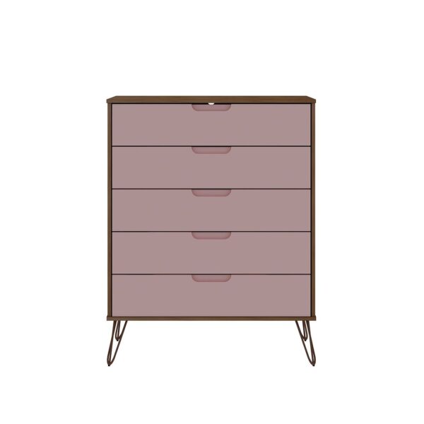 Manhattan Comfort Rockefeller 5-Drawer and 6-Drawer Nature and Rose Pink Dresser Set