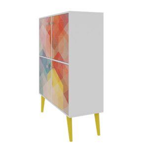 Manhattan Comfort Avesta 45.28 Mid-Century Modern High Double Cabinet with Funky Colorful Design and Solid Wood Legs in White, Color Stamp and Yellow