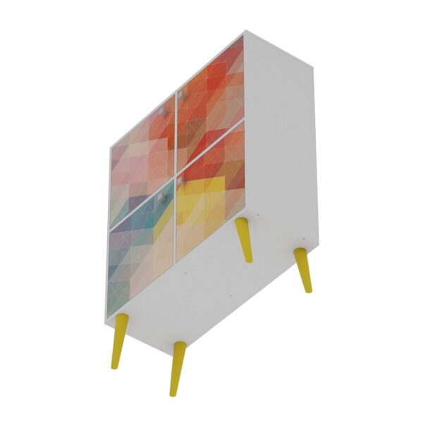 Manhattan Comfort Avesta 45.28 Mid-Century Modern High Double Cabinet with Funky Colorful Design and Solid Wood Legs in White, Color Stamp and Yellow