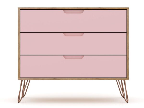 Manhattan Comfort Rockefeller 3-Piece Nature and Rose Pink Dresser and Nightstand Set