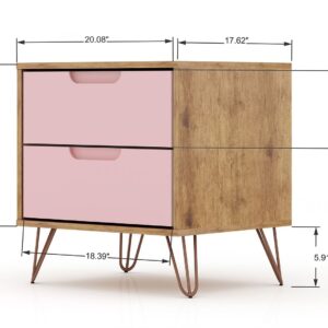 Manhattan Comfort Rockefeller 3-Piece Nature and Rose Pink Dresser and Nightstand Set