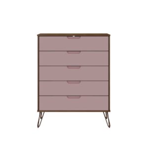 Manhattan Comfort Rockefeller Nature and Rose Pink 5-Drawer Dresser and 2-Drawer Nightstand Set