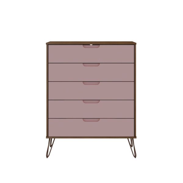 Manhattan Comfort Rockefeller Nature and Rose Pink 5-Drawer Dresser and 2-Drawer Nightstand Set