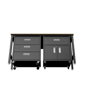 Manhattan Comfort 3-Piece Fortress Mobile Space-Saving Steel Garage Cabinet and Worktable 5.0 in Charcoal Grey