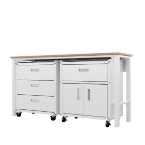 Manhattan Comfort 3-Piece Fortress Mobile Space-Saving Steel Garage Cabinet and Worktable 5.0 in White