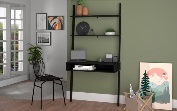 Manhattan Comfort Cooper Ladder Desk with 2 Floating Shelves in Black