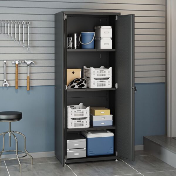 Manhattan Comfort Fortress Textured Metal 75.4" Garage Cabinet with 4 Adjustable Shelves in Charcoal Grey