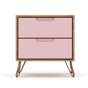 Manhattan Comfort Rockefeller 2-Drawer Nature and Rose Pink Nightstand (Set of 2)