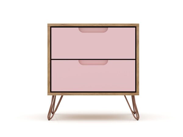 Manhattan Comfort Rockefeller 2-Drawer Nature and Rose Pink Nightstand (Set of 2)