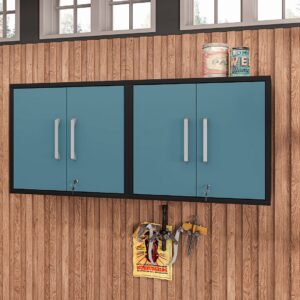 Manhattan Comfort Eiffel Floating Garage Cabinet in Matte Black and Aqua Blue (Set of 2)