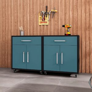 Manhattan Comfort Eiffel Mobile Garage Cabinet in Matte Black and Aqua Blue (Set of 2)