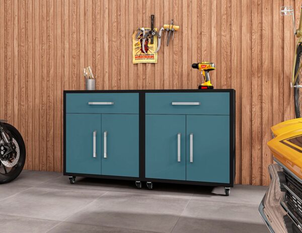 Manhattan Comfort Eiffel Mobile Garage Cabinet in Matte Black and Aqua Blue (Set of 2)