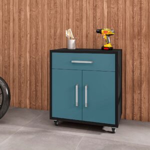 Manhattan Comfort Eiffel Mobile Garage Cabinet in Matte Black and Aqua Blue (Set of 2)