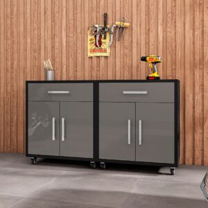 Manhattan Comfort Eiffel Mobile Garage Cabinet in Matte Black and Grey (Set of 2)