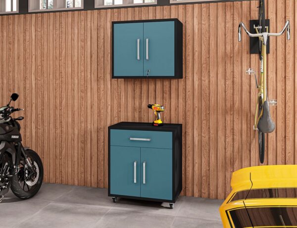 Manhattan Comfort Eiffel 2-Piece Storage Garage Set in Matte Black and Aqua Blue