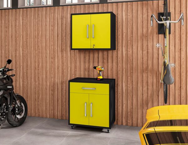 Manhattan Comfort Eiffel 2-Piece Storage Garage Set in Matte Black and Yellow