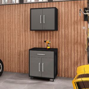 Manhattan Comfort Eiffel 2-Piece Storage Garage Set in Matte Black and Grey