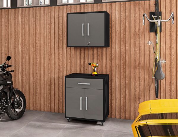 Manhattan Comfort Eiffel 2-Piece Storage Garage Set in Matte Black and Grey