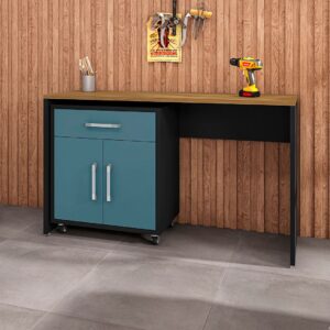 Manhattan Comfort Eiffel Garage Work Station Set of 2 in Matte Black and Aqua Blue