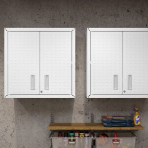 Manhattan Comfort Fortress 30" Floating Textured Metal Garage Cabinet with Adjustable Shelves in White - Set of 2