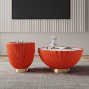 Manhattan Comfort Modern Anderson Coffee Table and End Table 2.0 Upholstered in Orange Leatherette with Ceramic Faux Tabletop - Set of 2