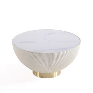 Manhattan Comfort Modern Anderson Coffee Table and End Table 1.0 Upholstered in Cream and Grey Leatherette with Ceramic Faux Tabletop and Gold Metal Tabletop- Set of 2