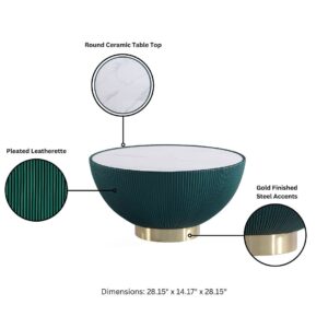 Manhattan Comfort Modern Anderson Coffee Table and End Table 1.0 Upholstered in Green Leatherette with Ceramic Faux Tabletop and Gold Metal Tabletop- Set of 2