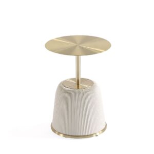 Manhattan Comfort Modern Anderson End Table 1.0 and End Table 2.0 Upholstered in Cream Leatherette with Ceramic Faux Tabletop and Gold Metal Tabletop- Set of 2