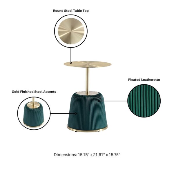 Manhattan Comfort Modern Anderson End Table 1.0 and End Table 2.0 Upholstered in Green Leatherette with Ceramic Faux Tabletop and Gold Metal Tabletop- Set of 2