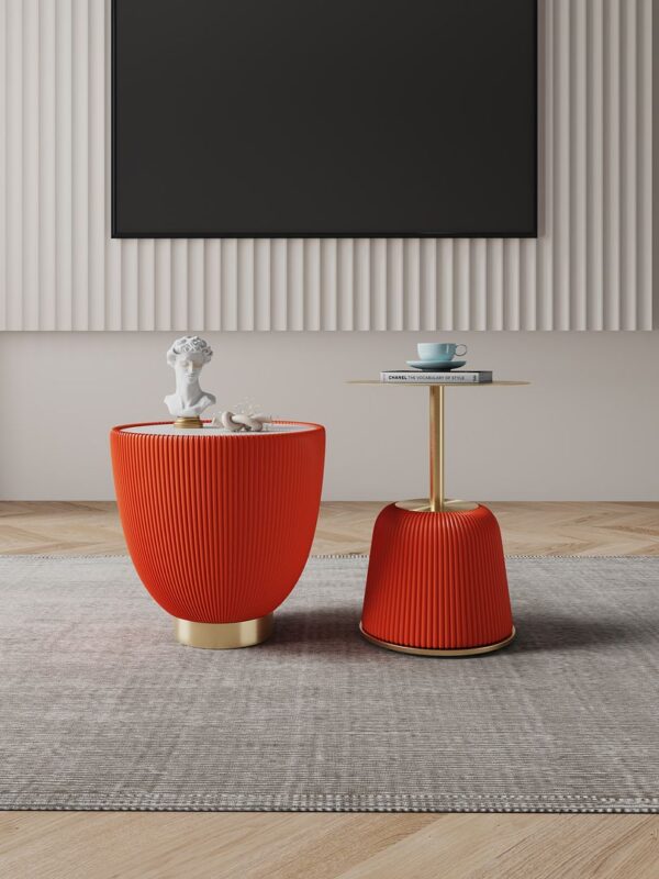 Manhattan Comfort Modern Anderson End Table 1.0 and End Table 2.0 Upholstered in Orange Leatherette with Ceramic Faux Tabletop and Gold Metal Tabletop- Set of 2