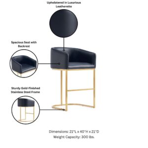 Manhattan Comfort Louvre Mid-Century Modern Leatherette Upholstered Barstool in Black and Titanium Gold- Set of 2