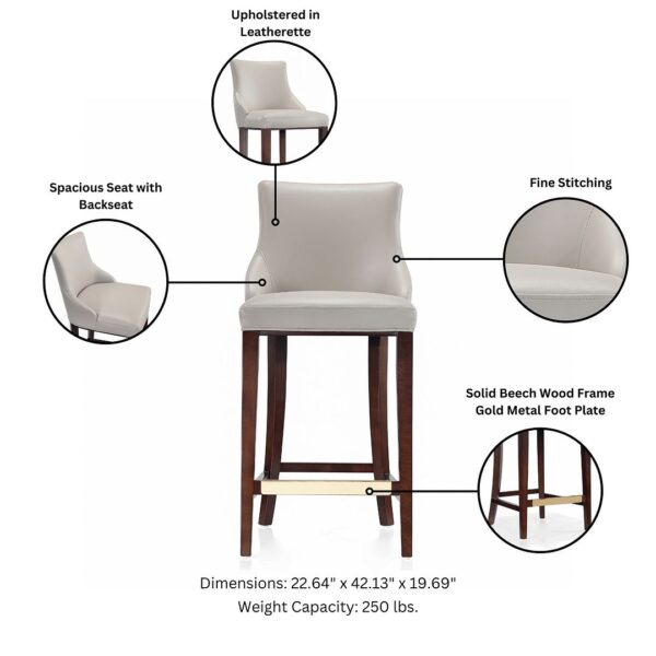 Manhattan Comfort Modern Shubert Barstool Upholstered in Light Grey Leatherette with Beech Wood Legs - Set of 2