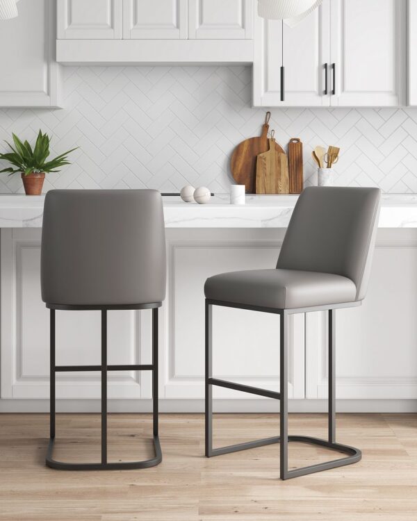 Manhattan Comfort Serena Modern Leatherette Upholstered Barstool in Grey - Set of 2