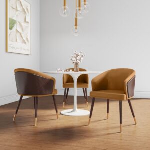 Manhattan Comfort Modern Reeva Dining Chair Upholstered in Leatherette with Beech Wood Back and Solid Wood Legs in Walnut and Camal- Set of 2