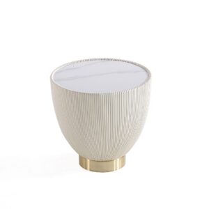 Manhattan Comfort Modern Anderson End Table 2.0 Upholstered in Cream Leatherette with Ceramic Faux Marble Tabletop - Set of 2