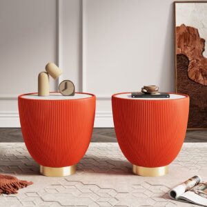 Manhattan Comfort Modern Anderson End Table 2.0 Upholstered in Orange Leatherette with Ceramic Faux Marble Tabletop - Set of 2