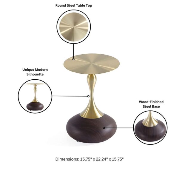 Manhattan Comfort Modern Patchin End Table with Round Metal Base in Brown Wood with Gold Tabletop - Set of 2