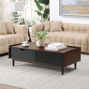 Manhattan Comfort Duane Modern Ribbed End Table and Coffee Table in Dark Brown and Black