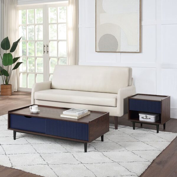 Manhattan Comfort Duane Modern Ribbed End Table and Coffee Table in Dark Brown and Navy Blue