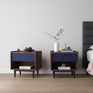 Manhattan Comfort Duane Modern Ribbed Nightstand with Full Extension Drawer in Dark Brown and Navy Blue- Set of 2