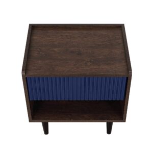 Manhattan Comfort Duane Modern Ribbed Nightstand with Full Extension Drawer in Dark Brown and Navy Blue- Set of 2