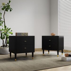 Manhattan Comfort Stanton Modern Nightstand with 2 Full Extension Drawers and Solid Wood Legs in Black - Set of 2