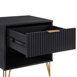 Manhattan Comfort DUMBO 1.0 Modern Nightstand with 1 Drawer and Metal Feet in Black- Set of 2