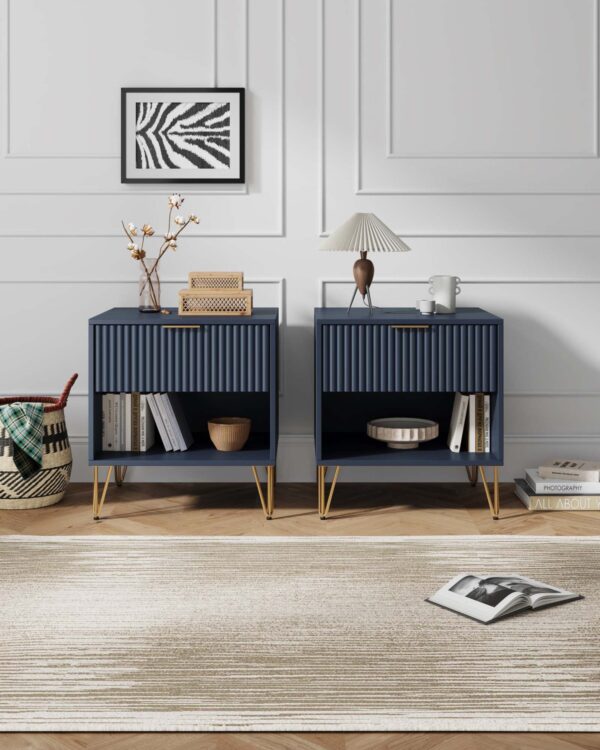 Manhattan Comfort DUMBO 1.0 Modern Nightstand with 1 Drawer and Metal Feet in Midnight Blue- Set of 2